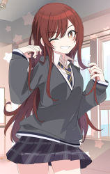 Rule 34 | 1girl, black skirt, commentary, grey sweater vest, idolmaster, idolmaster shiny colors, indoors, ixy, long hair, long sleeves, looking at viewer, necktie, one eye closed, osaki amana, plaid, plaid skirt, red hair, shirt, skirt, smile, solo, star (symbol), striped necktie, sweater vest, thighhighs, white shirt, window, yellow eyes