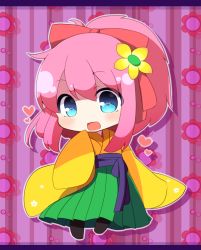 Rule 34 | 1girl, :d, beatmania, beatmania iidx, black pantyhose, blue eyes, blush, bow, commentary request, flower, green hakama, hair bow, hair flower, hair ornament, hakama, hakama skirt, hand up, heart, heart-shaped pupils, high ponytail, japanese clothes, kimono, letterboxed, long hair, long sleeves, looking at viewer, open mouth, pantyhose, ponytail, purple background, red bow, rensei, skirt, sleeves past fingers, sleeves past wrists, smile, solo, symbol-shaped pupils, wide sleeves, yellow flower, yellow kimono