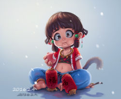 Rule 34 | 1girl, barefoot, brown eyes, brown hair, character request, closed mouth, copyright request, dated, feet, food, fruit, lantern, looking at viewer, luode huayuan, navel, paper lantern, peach, sitting, solo
