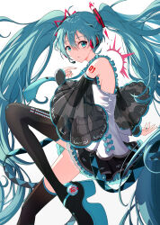 Rule 34 | 1girl, absurdres, arm tattoo, black skirt, black sleeves, blue eyes, blue hair, blue necktie, boots, bow, crypton future media, detached sleeves, foot out of frame, frilled shirt, frilled skirt, frills, grey shirt, hair ornament, hatsune miku, headset, highres, itogari, layered sleeves, long hair, looking at viewer, necktie, number tattoo, platform boots, platform footwear, semi-transparent, shirt, sidelighting, simple background, skirt, solo, tattoo, thigh boots, tie clip, twintails, very long hair, vocaloid, white background