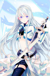 Rule 34 | belt, blue thighhighs, cross, flat chest, garter straps, holding, jacket, jewelry, long hair, lowres, midriff, mu-i, navel, necklace, open mouth, purple eyes, shorts, sword, sword girls, thighhighs, very long hair, weapon, white hair