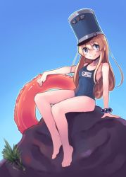 Rule 34 | 1girl, arm support, bare legs, bare shoulders, barefoot, blonde hair, blue background, blue eyes, blue hat, blue one-piece swimsuit, blue sky, boa (brianoa), bracelet, bright pupils, character request, closed mouth, copyright request, day, grass, hat, highres, innertube, jewelry, lifebuoy, long hair, name tag, one-piece swimsuit, outdoors, pearl bracelet, rock, school swimsuit, shako cap, sitting, sky, smile, solo, swim ring, swimsuit