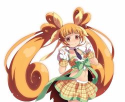 Rule 34 | 1girl, bad id, bad twitter id, blunt bangs, bow, closed mouth, cowboy shot, cure rosetta, dokidoki! precure, fingerless gloves, gloves, green bow, hands up, long hair, looking at viewer, navel, orange eyes, orange hair, orange skirt, precure, simple background, skirt, smile, solo, standing, tasaka shinnosuke, twintails, very long hair, white background, white gloves, yotsuba alice