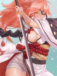 Rule 34 | 1girl, amputee, baiken, breasts, cleavage, cowboy shot, eyepatch, glint, guilty gear, holding, holding sword, holding weapon, japanese clothes, katana, kimono, large breasts, long hair, looking at viewer, obi, one-eyed, pink eyes, pink hair, ponytail, samurai, sash, scar, scar across eye, scar on face, solo, sword, tasselcat, weapon, wide sleeves