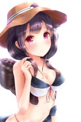 Rule 34 | 10s, 1girl, absurdres, adapted costume, breasts, cleavage, female focus, hat, highres, kantai collection, long hair, low twintails, machinery, navel, purple hair, red eyes, sakurano rocco, smile, solo, standing, taigei (kancolle), twintails, upper body, white background