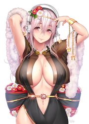 Rule 34 | 1girl, aged up, bow, breasts, cleavage, feather boa, flower, hair between eyes, hair flower, hair ornament, headphones, highres, huge breasts, jewelry, large bow, navel, necklace, nitroplus, pink hair, red eyes, see-through, smile, solo, super sonico, tsuji santa