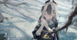 Rule 34 | 1girl, absurdres, black horns, black kimono, blue archive, blush, demon horns, grey hair, highres, horns, japanese clothes, kayoko (blue archive), kayoko (new year) (blue archive), kimono, long hair, long sleeves, obi, official alternate costume, official alternate hairstyle, open mouth, red eyes, sash, solo, upper body, wide sleeves, yunkkker