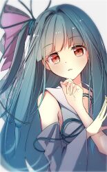 Rule 34 | 1girl, armpits, bare shoulders, blue hair, blue ribbon, blunt bangs, blush, bow, clenched hand, collar, collarbone, commentary, detached sleeves, dress, grey background, grey dress, grey sleeves, hair bow, hair ribbon, head tilt, highres, kotonoha aoi, long hair, outstretched hand, parted lips, pink bow, ponytail, rasu (mtn), red eyes, ribbon, sailor collar, sailor dress, shy, side ponytail, simple background, sleeveless, sleeveless dress, very long hair, voiceroid, white collar, white sailor collar, wide sleeves