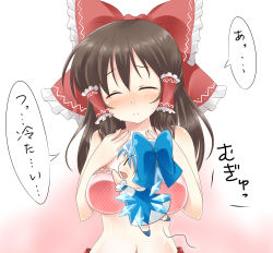 Rule 34 | &gt;:d, 2girls, :d, blue hair, blush, bow, bra, breast poke, breasts, brown hair, chibi, cirno, clenched teeth, closed eyes, flying, hair bow, hair ribbon, hair tubes, hakurei reimu, haruki (colorful macaron), ice, ice wings, large bow, large breasts, long hair, mini person, minigirl, mukyuu, multiple girls, mundane utility, navel, open mouth, parted lips, poking, polka dot, polka dot bra, ribbon, unworn shirt, size difference, smile, tears, teeth, touhou, translation request, underwear, v-shaped eyebrows, wings