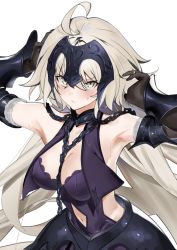 Rule 34 | 1girl, absurdres, ahoge, armor, armored dress, armpits, arms up, bare shoulders, black gloves, blush, breasts, chain, cleavage, closed mouth, clothing cutout, collar, dress, elbow gloves, fate/grand order, fate (series), faulds, gauntlets, gloves, hands in hair, headpiece, highres, jeanne d&#039;arc (fate), jeanne d&#039;arc alter (avenger) (fate), jeanne d&#039;arc alter (avenger) (third ascension) (fate), jeanne d&#039;arc alter (fate), jikatarou, large breasts, long hair, looking at viewer, metal collar, navel, navel cutout, silver hair, yellow eyes