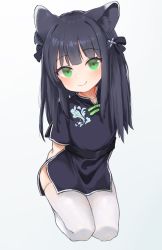Rule 34 | 1girl, animal ear fluff, arms behind back, black hair, blue archive, chinese clothes, full body, green eyes, hair ribbon, hei mu nan tong, highres, kneeling, long hair, looking at viewer, ribbon, short sleeves, shun (blue archive), shun (small) (blue archive), simple background, smile, thighhighs, white background, white thighhighs
