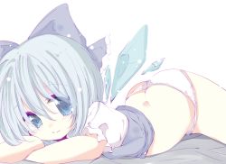 Rule 34 | 1girl, arms up, blue eyes, blue hair, bow, cirno, clothes lift, crossed arms, flat chest, hair bow, inasa orange, looking at viewer, lying, on stomach, panties, shirt lift, short hair, smile, thighs, touhou, underwear
