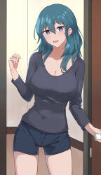 Rule 34 | 1girl, absurdres, black shirt, black shorts, blue eyes, breasts, byleth (female) (fire emblem), byleth (fire emblem), cleavage, commentary, cowboy shot, dark green hair, fire emblem, fire emblem: three houses, hand up, highres, jewelry, large breasts, long sleeves, looking at viewer, medium hair, nintendo, open door, open mouth, ring, s@turday, shirt, shorts, smile, solo, teeth, upper teeth only