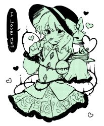 Rule 34 | 1girl, black hat, blouse, blush, buttons, cake, cake slice, collared shirt, commentary, diamond button, eating, english text, eyeball, floral print, food, fork, frilled shirt collar, frilled skirt, frilled sleeves, frills, green theme, hair between eyes, hat, hat ribbon, heart, heart of string, highres, holding, holding plate, komeiji koishi, long sleeves, looking at viewer, medium hair, medium skirt, monochrome, no legs, plate, rbfnrbf (mandarin), ribbon, rose print, shirt, simple background, skirt, sleeves past fingers, sleeves past wrists, smile, solo, symbol-only commentary, third eye, thorns, touhou, utensil in mouth, wavy hair, white background, wide sleeves