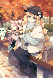 Rule 34 | 2girls, alternate costume, artoria caster (fate), artoria pendragon (fate), autumn, autumn leaves, black footwear, black headwear, black pantyhose, black skirt, blonde hair, blue sweater, blush, brown footwear, cabbie hat, cernunnos (fate), character print, closed eyes, commentary request, contemporary, creature, eating, fate/grand order, fate (series), food, food on face, fou (fate), fur-trimmed vest, fur trim, grey pantyhose, habetrot (fate), hair between eyes, hat, highres, holding, holding food, hood, hood up, hooded jacket, jacket, con (fate), long hair, long sleeves, looking at viewer, miniskirt, multi-tied hair, multiple girls, open clothes, open jacket, outdoors, pantyhose, pink hair, pink jacket, plaid, plaid skirt, pointy ears, saipaco, shoes, sitting, size difference, skirt, sweater, tree, twintails, very long hair, vest