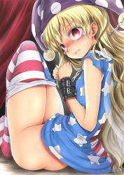 Rule 34 | 1girl, american flag dress, american flag legwear, ass, bdsm, blonde hair, blush, bondage, bound, bound wrists, chain, chikado, clothes pull, clownpiece, colored eyelashes, commentary, constricted pupils, crying, dress, fairy wings, hat, jester cap, long hair, looking at viewer, neck ruff, no panties, nose blush, pantyhose, pantyhose pull, polka dot, red eyes, restrained, short dress, short sleeves, sitting, solo, star (symbol), star print, striped clothes, striped pantyhose, tears, touhou, very long hair, wings