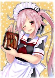 Rule 34 | 1girl, absurdres, alternate costume, apron, black serafuku, commentary request, cowboy shot, enmaided, fish (food), floral background, flower, gradient hair, grilled eel, hair flower, hair ornament, harusame (kancolle), highres, himura moritaka, kantai collection, maid, maid headdress, multicolored hair, neckerchief, one eye closed, pink hair, red eyes, red neckerchief, school uniform, serafuku, side ponytail, solo, white apron, yellow background