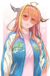 Rule 34 | 1girl, ahoge, alternate costume, black hairband, blonde hair, blouse, blue jacket, bow, braid, breasts, diagonal-striped bow, dragon girl, dragon horns, gradient background, hairband, hand in pocket, head tilt, highres, hololive, horn bow, horn ornament, horns, jacket, kiryu coco, large breasts, letterman jacket, multicolored clothes, multicolored hair, multicolored jacket, orange-tinted eyewear, orange-tinted glasses, orange hair, oumi (rsag), pink background, pink shirt, pointy ears, print shirt, red eyes, shirt, side braid, single braid, solo, streaked hair, striped, sukajan, sunglasses, t-shirt, text background, tinted eyewear, two-tone jacket, upper body, virtual youtuber, white background, white jacket