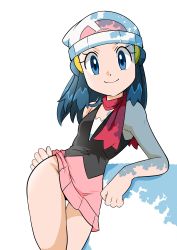 Rule 34 | 1girl, absurdres, beanie, blue eyes, blue hair, closed mouth, creatures (company), dawn (pokemon), dress, game freak, groin, hainchu, hair ornament, hat, highres, long hair, looking at viewer, nintendo, pink footwear, pokemon, pokemon (anime), pokemon dppt (anime), simple background, skirt, smile, solo