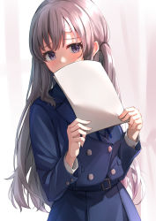 Rule 34 | 1girl, alisia0812, bandaid, bandaid on face, bandaid on forehead, belt buckle, blue hair, blue jacket, blue skirt, blush, brown hair, buckle, buttons, commission, covering own mouth, cowboy shot, double-breasted, highres, holding, holding paper, idolmaster, idolmaster shiny colors, jacket, long hair, long sleeves, looking at viewer, one side up, paper, pixiv commission, purple eyes, skirt, solo, very long hair, yukoku kiriko