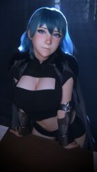 Rule 34 | 1girl, 3d, absurdres, blue eyes, breasts, byleth (female) (fire emblem), byleth (fire emblem), cape, cleavage, fire emblem, fire emblem: three houses, gauntlets, green eyes, highres, j9006, large breasts, lips, long hair, looking at viewer, midriff, navel, nintendo, shorts, solo, stomach