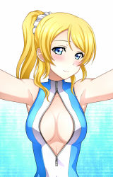 Rule 34 | 10s, 1girl, ayase eli, bare shoulders, blonde hair, blue eyes, blush, breasts, front zipper swimsuit, gradient background, highres, kenken, looking at viewer, love live!, love live! school idol project, meme attire, one-piece swimsuit, ponytail, short hair, smile, solo, swimsuit, zipper