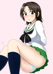 Rule 34 | 1girl, absurdres, arms behind back, artist logo, ass, black neckerchief, black socks, blouse, blue panties, brown eyes, brown hair, closed mouth, commentary request, crotch seam, frown, girls und panzer, green skirt, highres, horagai (horagai222), invisible chair, legs, long sleeves, looking at viewer, miniskirt, neckerchief, ooarai school uniform, panties, parted bangs, partial commentary, pink background, pleated skirt, sawa azusa, school uniform, serafuku, shirt, short hair, simple background, sitting, skirt, socks, solo, underwear, white shirt
