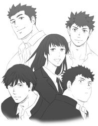 Rule 34 | 1girl, 4boys, closed mouth, collared shirt, commentary, eyebrows hidden by hair, gakuran, greyscale, hair between eyes, long hair, looking at viewer, monochrome, multiple boys, muscular, muscular male, necktie, open mouth, partially unbuttoned, protagonist 1 (housamo), protagonist 2 (housamo), protagonist 3 (housamo), protagonist 4 (housamo), protagonist 5 (housamo), school uniform, shirt, short hair, sidelocks, simple background, smile, tokyo houkago summoners, unplugged line, upper body, white background