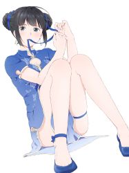 Rule 34 | 1girl, bad id, bad pixiv id, black eyes, black hair, blue dress, blue ribbon, china dress, chinese clothes, cleavage cutout, clothing cutout, double bun, dress, earrings, hair bun, hair ribbon, hairdressing, highres, jewelry, knees together feet apart, looking at viewer, mouth hold, no socks, original, ribbon, shizuko (chipccchip), shoes, simple background, sitting, solo, thigh strap, white background