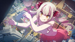 Rule 34 | 1girl, bookshelf, breasts, brown eyes, camisole, collarbone, demon girl, demon tail, double-parted bangs, double bun, dutch angle, frilled skirt, frills, game boy, game boy color, game console, grey hair, hair bun, handheld game console, heart, highres, indie virtual youtuber, kagawa yuusaku, large breasts, long hair, looking at viewer, miniskirt, multicolored hair, pink hair, pink skirt, playing games, pointy ears, skirt, solo, sparkle, sticky note, strap slip, streaked hair, suou patra, super famicom, super famicom cartridge, super famicom gamepad, sweat, tail, tongue, tongue out, twintails, two-tone hair, v-shaped eyebrows, virtual youtuber, white camisole, wii