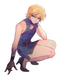 Rule 34 | 1boy, androgynous, bae (baebae), bare shoulders, belt, black footwear, blonde hair, blue dress, blue eyes, chain, cleavage cutout, closed mouth, clothing cutout, crossdressing, dress, earrings, from side, frown, full body, high heels, highres, hunter x hunter, jewelry, kurapika, looking at viewer, looking to the side, male focus, pectoral cleavage, pectorals, ring, short dress, short hair, sleeveless, sleeveless dress, solo, squatting, stiletto heels, weapon, wristband
