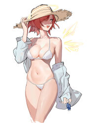 Rule 34 | 1girl, :d, absurdres, arknights, bare shoulders, bikini, breasts, brown hat, cleavage, collarbone, detached wings, energy wings, exusiai (arknights), halo, hat, highres, jacket, large breasts, long sleeves, looking at viewer, navel, off shoulder, open clothes, open jacket, open mouth, orange eyes, red hair, rui (woyoudabing rui), short hair, simple background, smile, solo, stomach, straw hat, swimsuit, teeth, thigh gap, upper teeth only, white background, white bikini, white jacket, wings