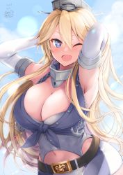 Rule 34 | 1girl, absurdres, anchor, belt, blonde hair, blue eyes, breasts, brown belt, chain, cleavage, elbow gloves, front-tie top, gloves, headgear, highres, iowa (kancolle), kantai collection, large breasts, long hair, looking at viewer, mashiro yukiya, miniskirt, navel, one eye closed, skirt, solo, star-shaped pupils, star (symbol), symbol-shaped pupils, upper body, white gloves