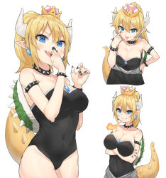 Rule 34 | 1girl, :p, akanbe, applepie (12711019), armlet, bare shoulders, black leotard, black nails, blonde hair, blue eyes, blush, bowsette, bracelet, breasts, breath weapon, breathing fire, character sheet, cleavage, collar, covered navel, covering own mouth, crossed arms, crown, earrings, eyelid pull, fire, gem, hair between eyes, highres, jewelry, large breasts, laughing, leaning forward, leotard, long hair, looking at viewer, mario (series), multiple views, nail polish, new super mario bros. u deluxe, nintendo, pointy ears, ponytail, sharp teeth, simple background, smug, spiked armlet, spiked bracelet, spiked collar, spiked shell, spiked tail, spikes, strapless, strapless leotard, super crown, tail, teeth, tongue, tongue out, turtle shell, v-shaped eyebrows, white background