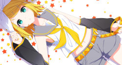 Rule 34 | 1girl, :o, aoi thomas, black sleeves, blonde hair, blue eyes, blush, commentary request, detached sleeves, dutch angle, grey sailor collar, grey shorts, hair ornament, hair ribbon, hairclip, hand up, headset, highres, kagamine rin, long sleeves, looking at viewer, midriff peek, nail polish, navel, neckerchief, parted lips, ribbon, sailor collar, shadow, shirt, short shorts, shorts, sleeveless, sleeveless shirt, sleeves past wrists, solo, star (symbol), starry background, swept bangs, vocaloid, white background, white ribbon, white shirt, wide sleeves, yellow nails, yellow neckerchief