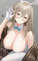 Rule 34 | 1girl, akane (blue archive), akane (bunny) (blue archive), animal ears, aqua bow, aqua bowtie, bare shoulders, black-framed eyewear, blue archive, blush, bow, bowtie, breasts, brown hair, cleavage, collarbone, detached collar, fake animal ears, glasses, grey background, hair between eyes, highres, kiu6, large breasts, leotard, long hair, looking at viewer, official alternate costume, pantyhose, playboy bunny, rabbit ears, simple background, smile, solo, white pantyhose