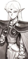 Rule 34 | 1girl, armor, bad id, bad twitter id, boobplate, breastplate, cape, circlet, closed mouth, deedlit, elf, greyscale, highres, long hair, looking at viewer, monochrome, pauldrons, pointy ears, record of lodoss war, shoulder armor, simple background, skirt, smile, solo, wass nonnam, white background
