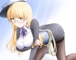 Rule 34 | 1girl, all fours, beret, black jacket, black pantyhose, black skirt, blonde hair, blue background, corset, earrings, framed breasts, glasses, gradient background, gradient neckwear, green eyes, hat, jacket, jewelry, kantai collection, long hair, long sleeves, looking at viewer, medal, meihemu, military, military uniform, northampton (kancolle), pantyhose, pencil skirt, rope around waist, single earring, skirt, solo, uniform, united states medal of honor