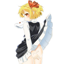 Rule 34 | 1girl, ass, blush, clothes lift, covering privates, covering ass, flat ass, from behind, hair ribbon, highres, long sleeves, looking at viewer, mouth hold, panties, panties in mouth, profile, red eyes, ribbon, rumia, shirt, side ponytail, simple background, skirt, skirt lift, skirt set, solo, touhou, umo, underwear, vest, white background, white panties