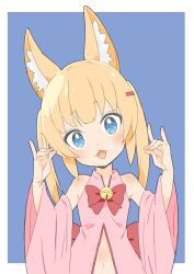 Rule 34 | 1girl, :3, absurdres, animal ears, bad id, bad twitter id, bare shoulders, bell, blonde hair, blue background, blush, bow, bowtie, detached sleeves, donguri suzume, fox ears, fox shadow puppet, hair ornament, hairclip, head tilt, highres, hinata channel, jingle bell, long sleeves, looking at viewer, navel, nekomiya hinata, open mouth, pink vest, red bow, red bowtie, simple background, solo, twintails, upper body, vest, virtual youtuber, wide sleeves