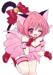 Rule 34 | 1girl, akiyama enma, animal ears, bare shoulders, bell, black tail, blush, boots, bow, breasts, cat ears, cat girl, cat tail, choker, cleavage, collar, commentary, detached sleeves, dress, fang, feet up, gloves, jingle bell, large breasts, leaning forward, looking at viewer, magical girl, medium hair, mew ichigo, momomiya ichigo, one eye closed, open mouth, pink choker, pink dress, pink eyes, pink hair, pink sleeves, raised eyebrows, red bow, red footwear, red gloves, simple background, sleeveless, sleeveless dress, smile, solo, standing, standing on one leg, tail, tail bell, tail bow, tail ornament, thigh strap, thighs, tokyo mew mew, white background