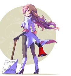 Rule 34 | 1girl, boots, brown hair, check commentary, commentary request, english text, gloves, high heels, holding, holding sign, iesupa, jacket, looking back, megaphone, multicolored hair, neo politan, pink eyes, pink hair, rwby, sign, smile, solo, split-color hair, translated