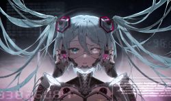 Rule 34 | 1girl, absurdres, android, blue eyes, cable, daiya (vrstin), disembodied head, hair between eyes, hands on own head, hatsune miku, heterochromia, highres, looking at viewer, mechanization, parted lips, portrait, science fiction, solo, twintails, vocaloid, white eyes
