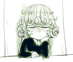 Rule 34 | 1girl, angry, breasts, curly hair, dress, female focus, long sleeves, looking at viewer, monochrome, one-punch man, short hair, sitting, solo, spacezin, tatsumaki