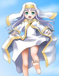 Rule 34 | 00s, 1girl, :d, barefoot, blue hair, feet, from below, green eyes, habit, index (toaru majutsu no index), long hair, open mouth, safety pin, skirt hold, smile, soles, solo, t2r, toaru majutsu no index