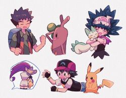 Rule 34 | 2boys, 2girls, aipom, alternate hairstyle, animal, animal hug, arm up, arms up, ash ketchum, backpack, bag, baseball cap, beanie, black eyes, black gloves, black hair, black shirt, black thighhighs, black vest, blue bag, blue hair, blue pants, blush stickers, bracelet, bright pupils, brock (pokemon), brown hair, buck teeth, clenched hands, closed eyes, collared shirt, commentary, creatures (company), crop top, cropped torso, dawn (pokemon), facing away, fingerless gloves, game freak, gen 1 pokemon, gen 2 pokemon, gen 4 pokemon, gloves, goodbye, green shirt, grey background, hair ornament, hand on own forehead, hand up, happy, hat, highres, hug, jessie (pokemon), jewelry, long hair, looking at another, lying, mgomurainu, miniskirt, monkey, multicolored clothes, multicolored headwear, multiple boys, multiple girls, nintendo, on stomach, open mouth, orange vest, pachirisu, pants, pikachu, pink scarf, pokemon, pokemon (anime), pokemon (creature), pokemon dppt (anime), purple hair, reaching, scarf, shirt, short hair, simple background, skirt, sleeveless, sleeveless shirt, spiked hair, squirrel, standing, static electricity, sudowoodo, tearing up, teeth, thighhighs, upper body, vest, waving, white headwear, white shirt, white skirt