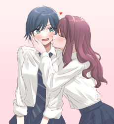 Rule 34 | 2girls, blue eyes, blue hair, blue skirt, blush, closed eyes, collared shirt, commentary request, cowboy shot, gradient background, hand on another&#039;s cheek, hand on another&#039;s face, heart, highres, kiss, kissing cheek, long hair, long sleeves, looking at another, multiple girls, nail polish, necktie, open mouth, original, pink background, pleated skirt, purple hair, sakashima 0822, school uniform, shirt, short hair, simple background, skirt, striped necktie, swept bangs, wavy mouth, white background, white shirt, yellow nails, yuri