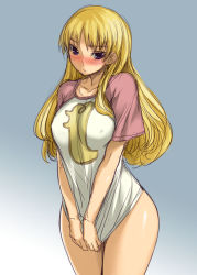 Rule 34 | 00s, 1girl, ar tonelico, ar tonelico ii, blonde hair, blush, bosshi, bottomless, breasts, chroche latel pastalie, covered erect nipples, covering privates, covering crotch, curvy, embarrassed, funbuns, gust, hip focus, large breasts, long hair, purple eyes, raglan sleeves, shirt, shirt tug, solo, wide hips