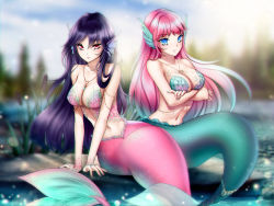 Rule 34 | 2girls, arm support, artist name, bare arms, bare shoulders, bikini, bikini top only, blue bikini, blue eyes, blue hair, blue sky, blurry, blurry background, blush, breasts, cleavage, closed mouth, collar, commission, crossed arms, day, depth of field, fins, gigamessy, gradient hair, head fins, jewelry, kneeless mermaid, large breasts, leaning to the side, light frown, long hair, looking at viewer, mermaid, monster girl, multicolored hair, multiple girls, navel, necklace, original, pendant, pink bikini, pink hair, purple hair, red eyes, rock, sitting, sky, swimsuit, tsurime, very long hair, water