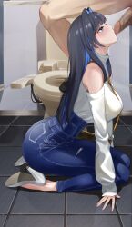 Rule 34 | 1boy, 1girl, ass, bathroom, black hair, blue eyes, blue hair, blue pants, blush, breasts, censored, denim, fellatio, fingernails, hair intakes, hetero, high-waist pants, high heels, highres, hololive, hololive english, inukai mofu, jeans, kissing penis, large breasts, long hair, long sleeves, looking at another, looking up, multicolored hair, official alternate hair length, official alternate hairstyle, oral, ouro kronii, ouro kronii (casual), paid reward available, pants, penis, shirt, shirt tucked in, sitting, solo focus, straight hair, tile floor, tiles, toilet, turtleneck, two-tone hair, virtual youtuber, wariza, white shirt
